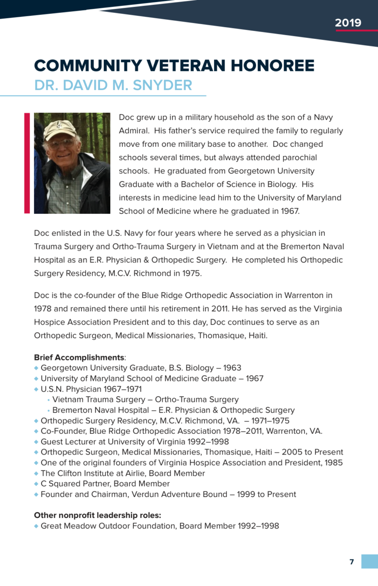 2019 Community Veteran Honoree Dr. David M. Snyder, program page