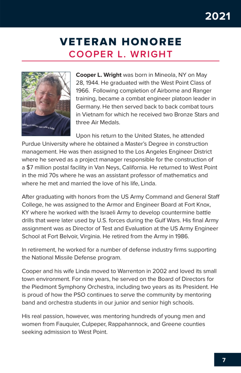 2021 Veteran Honoree Cooper L. Wright, program page