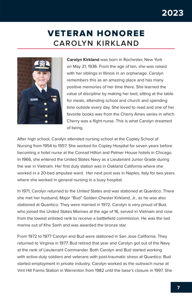 2023 Veteran Honoree Carolyn Kirkland, program page