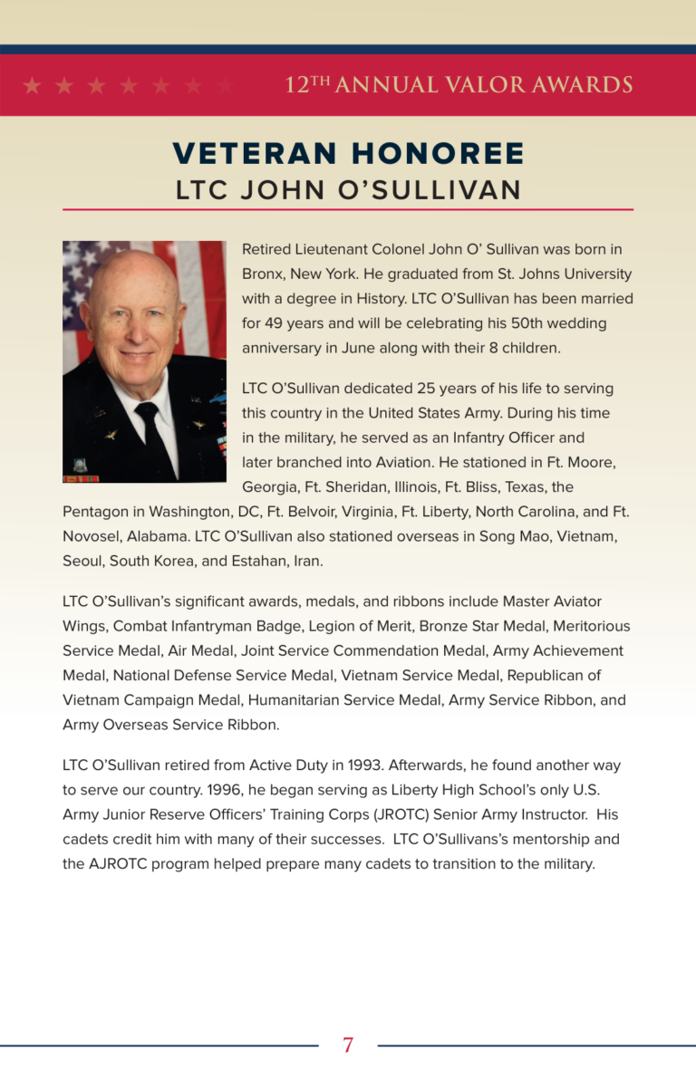 2024 Veteran Honoree LTC John OSullivan, program page