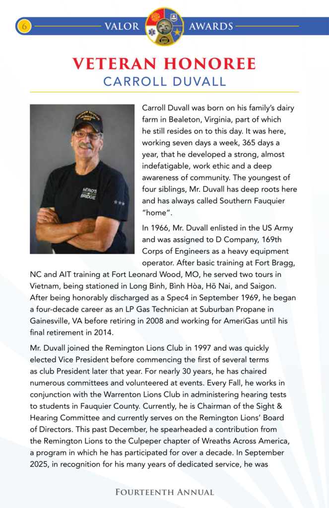 2026 Veteran Honoree Carroll Duvall, program page