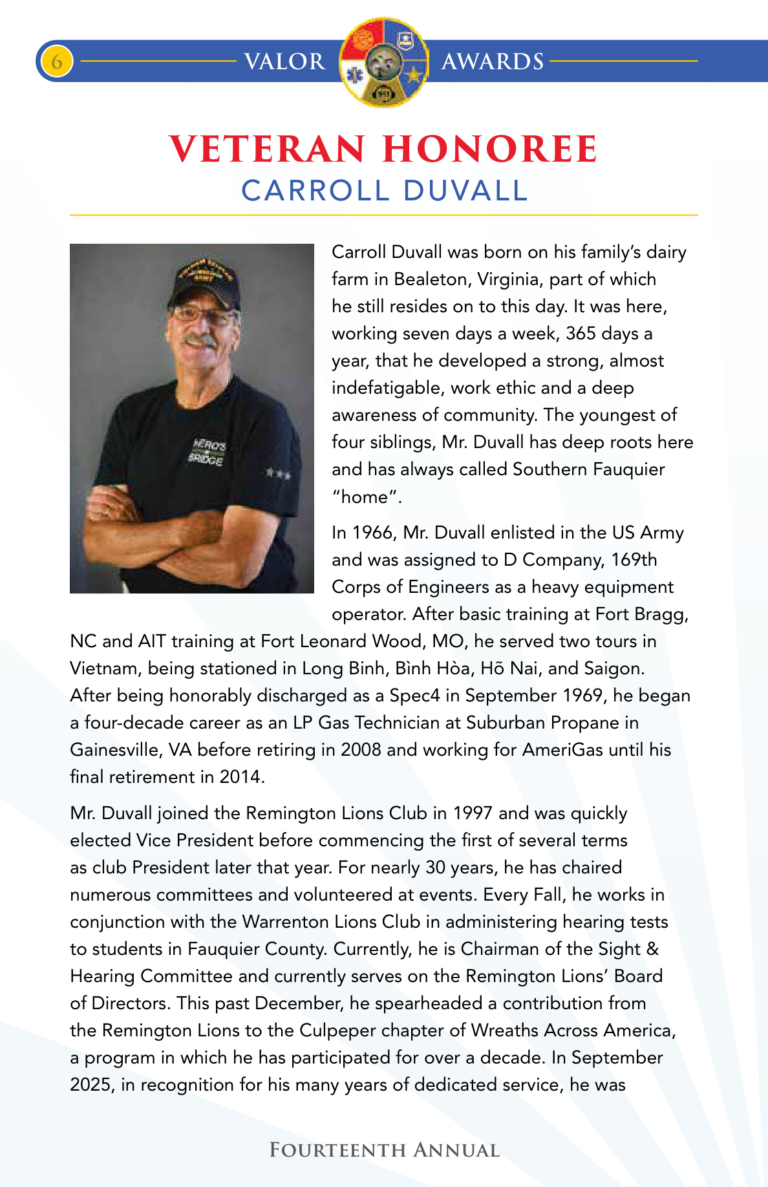 2026 Veteran Honoree Carroll Duvall, program page